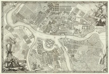 Gravura Plano da cidade capital de São Petersburgo com a imagem das avenidas mais notáveis. 1753 Makhaev M.I.